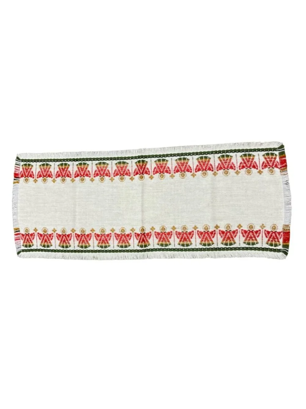 Vintage Handwoven Table Runner With Red & Green Angel Motif 40